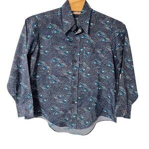 Vintage Landmark 70s Blue Geometric Triangle Print Dagger Collar Shirt Mens XL